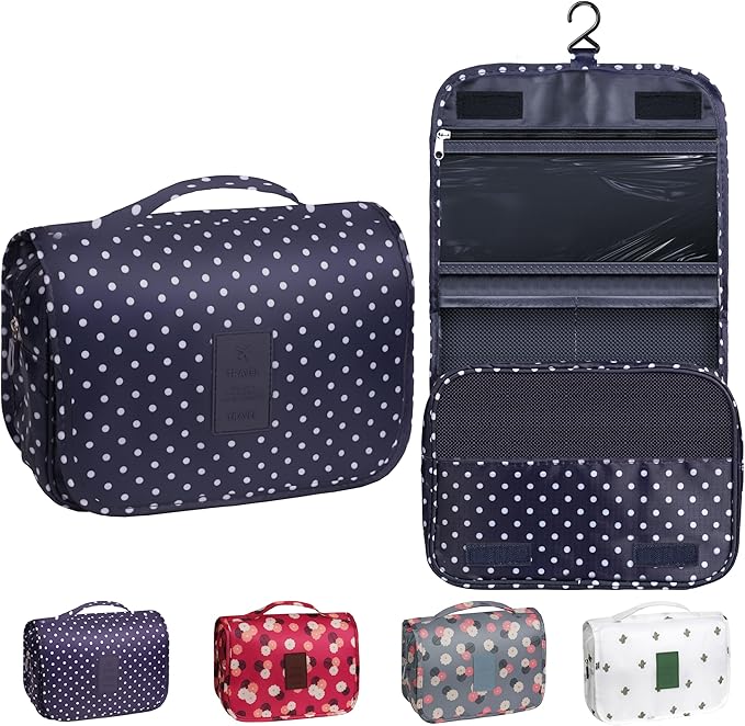 Toiletry Bag Travel Bag with Hanging Hook, Waterproof Capacity Hanging Multifunctional Makeup Bag for Toiletries, Portable Cosmetic Bag Travel Organizer for Women and Men(Navy Dot)