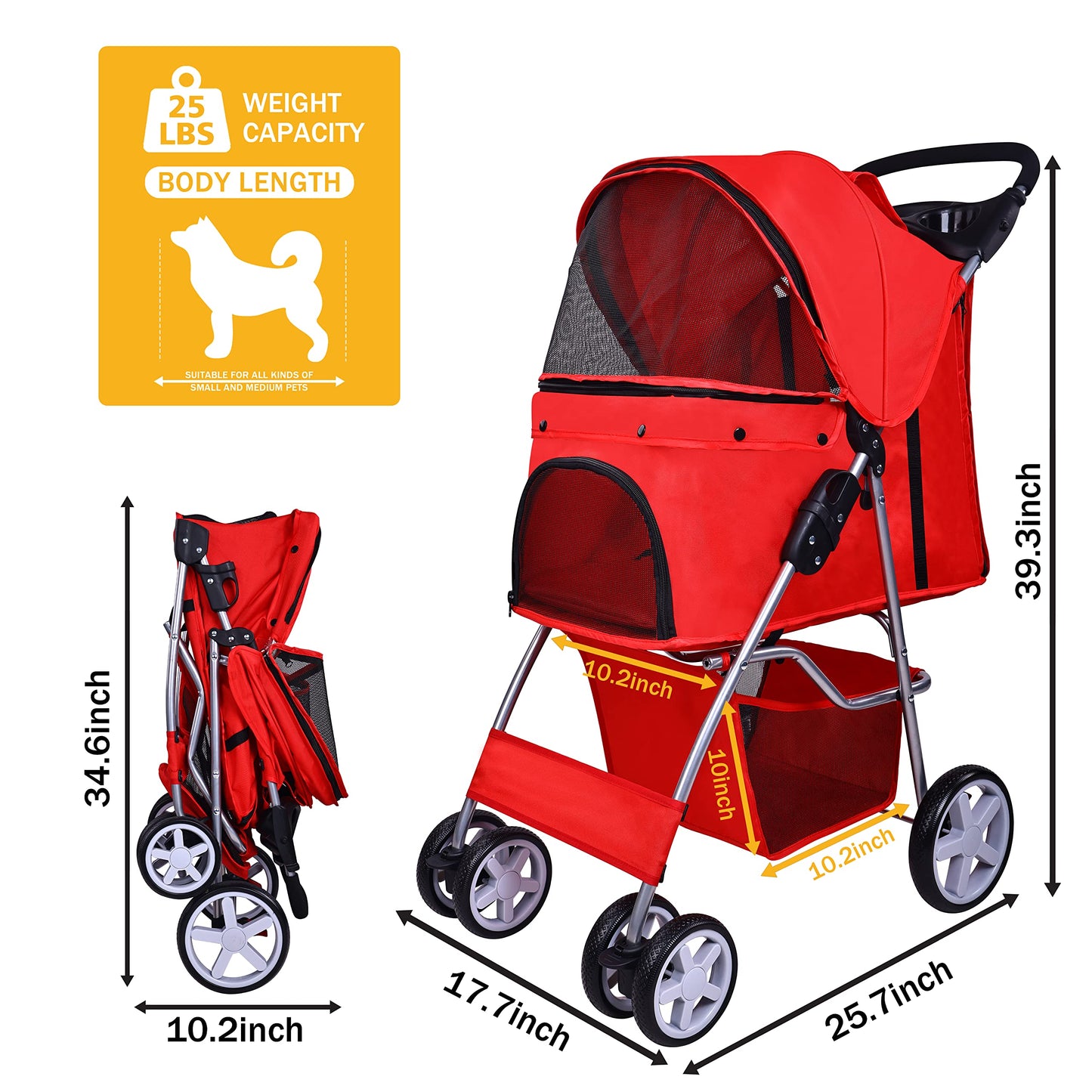 Elevon Pet Stroller, 4 Wheels Multifunction Dog Cat Stroller, Folding Portable Travel Stroller with Detachable Carrier, Suitable for Medium Small Dogs Cats, Red