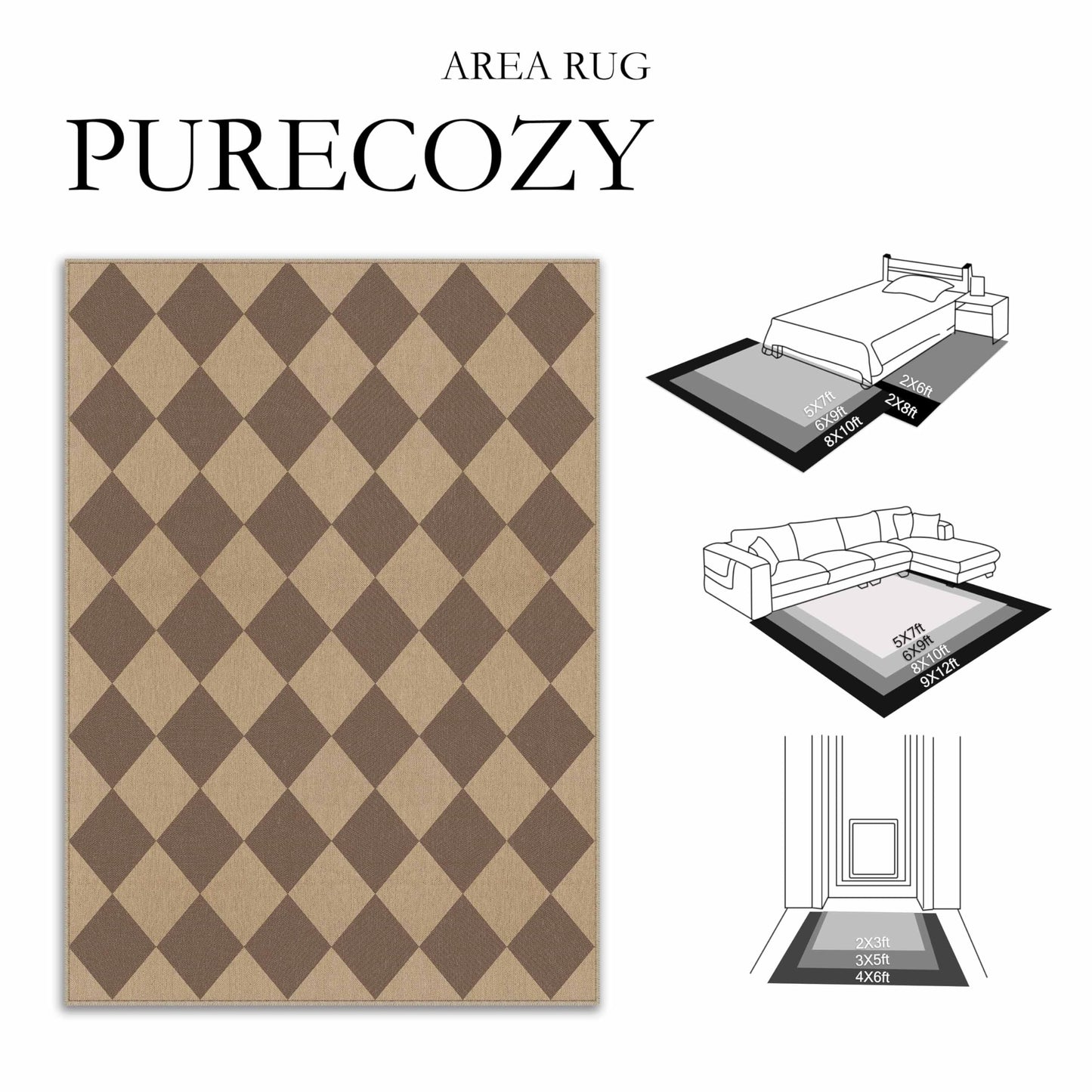 PureCozy 5x7 Checkered Easy Jute Area Rug for Living Room Checkerboard Washable Indoor Outdoor Carpet Farmhouse Patio Office Mat Geometric Non Slip Brown Carpet for Backyard Dining Room