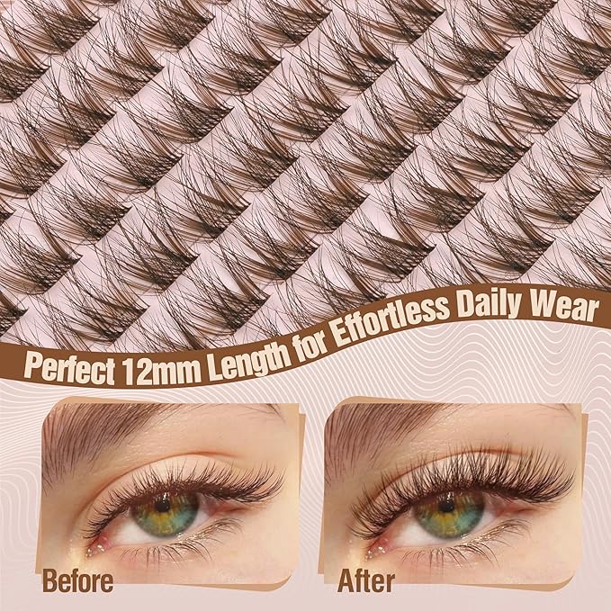 Brown Lash Clusters 12MM Short Eyelash Clusters Wispy Individual Lashes 99 Pcs Cluster Lash Extensions Dark Brown Cluster Eyelashes Natural Daily Eyelash Individuals 3D Fluffing DIY Lash Pack