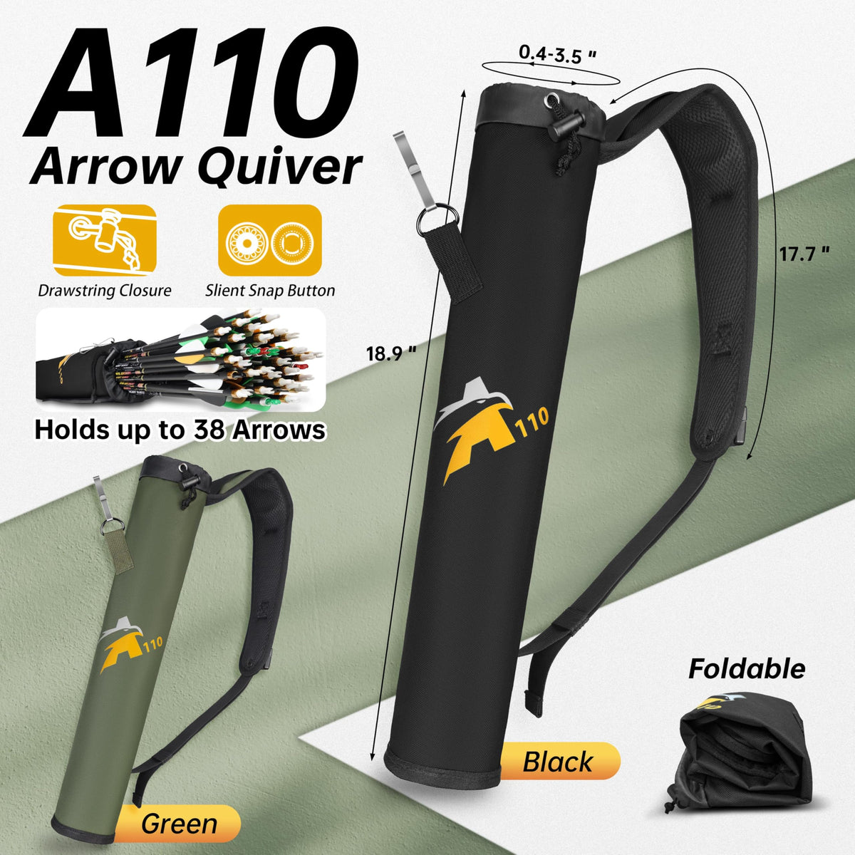 SUNYA Archery Arrow Quiver, Hip and Back Dual Carry Modes, Adjustable Quick-Detach Silent Buckle, Foldable Lightweight 200g, Noise Reduction Drawstring Closure