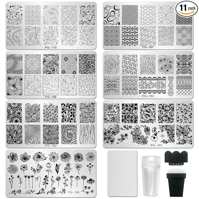 AddFavor Nail Stamper Kit 7pcs Nail Stamping Plates Geometric Mandala Flower Nail Stencils with 2 Stamp and 2 Scraper for Home Salon Manicure Design Supplies Tools