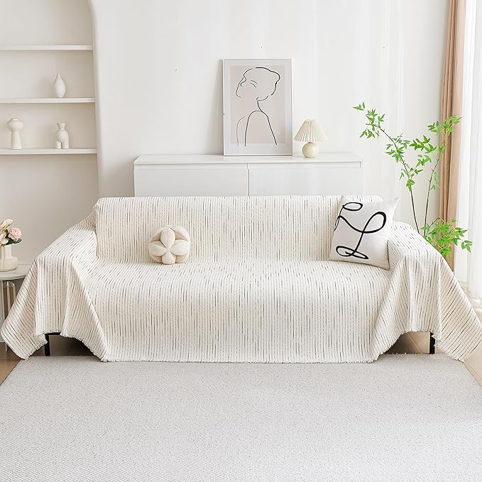 MYSKY HOME Couch Cover for Dogs, Sectional Couch Cover, Beige Lines Sofa Covers for Sectional Sofa L Shape Chenille Couch Protector for Dogs Pets Couch Covers Washable Soft Throw, 71"X134"