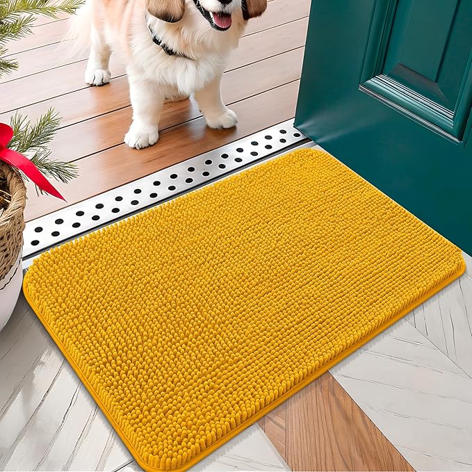 OLANLY Dog Door Mat for Muddy Paws 30x17, Absorbs Moisture and Dirt, Absorbent Non-Slip Washable Doormat, Quick Dry Chenille Mud Mat, Entry Indoor Entryway Carpet for Inside Floor, Golden Yellow