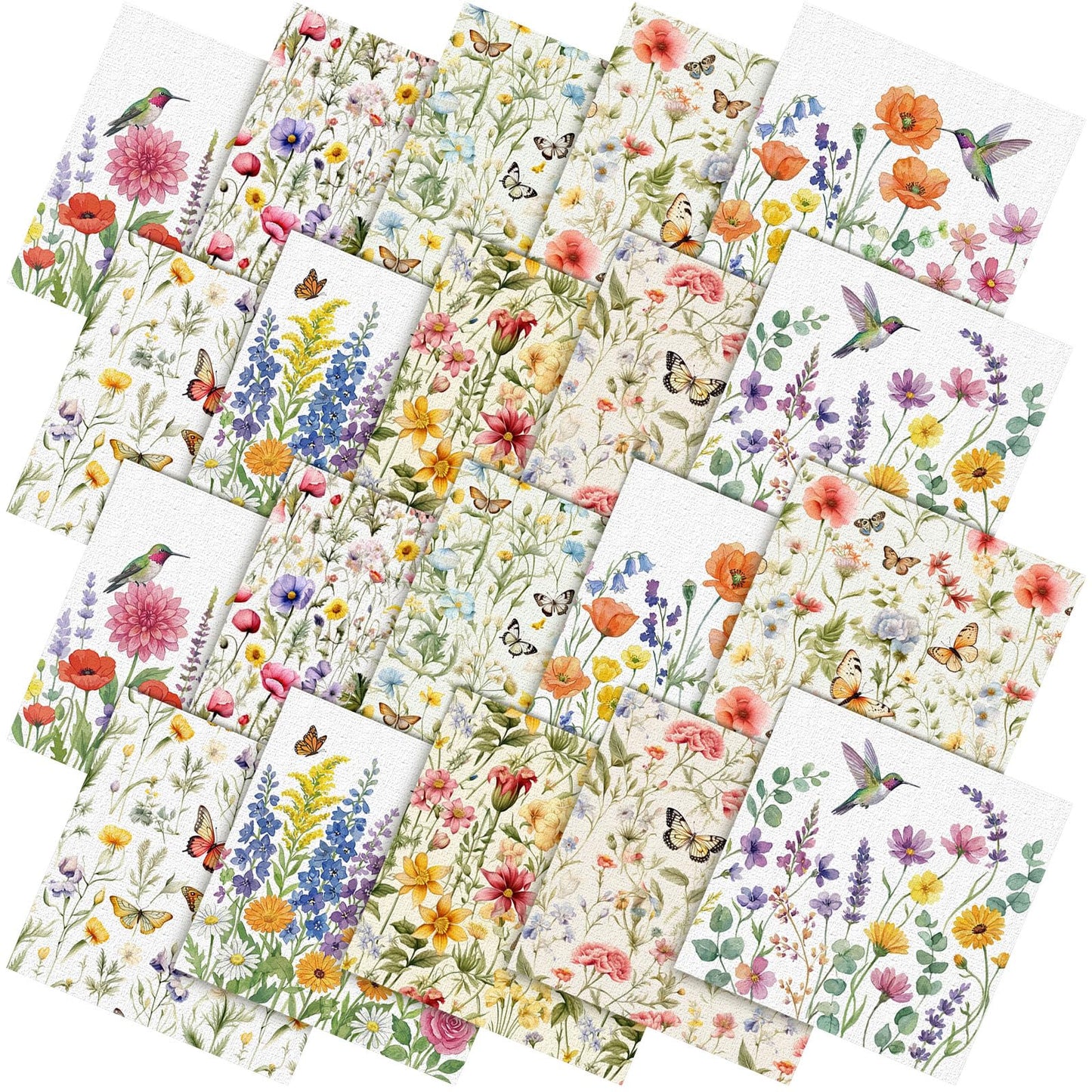 Hahafelt 10 Pcs Spring Wildflower Quilting Fabric Bundles 20 x 20 Inch Floral Hummingbird Butterfly Fat Quarters Squares Fabric by The Yard Precuts Patchwork for Summer DIY Sewing Craft Party Decor