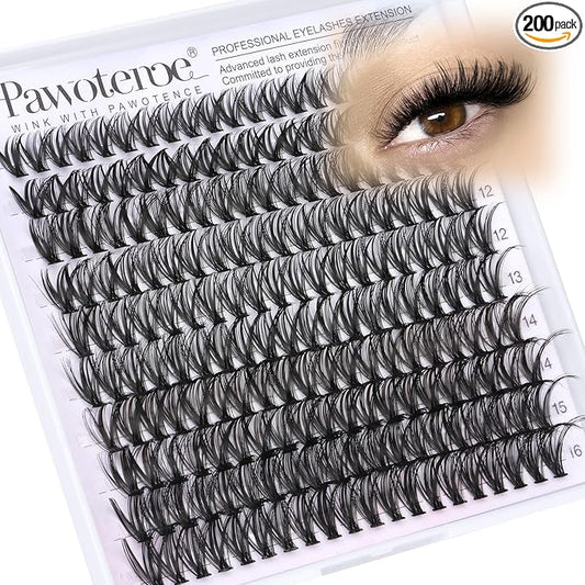 Pawotence Lash Clusters 200pcs Individual Lashes 40D Cluster Eyelash Extensions 9-16mm Eyelash Clusters Lash Extensions for Self Application (40D, 0.07D, 9-16mm)