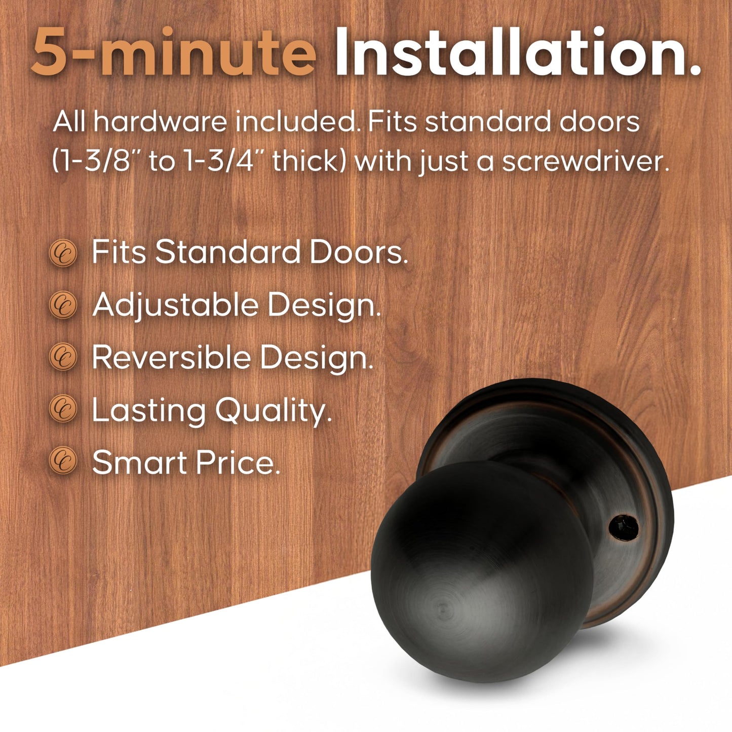 Copper Creek Dummy Interior Door Knob – ANSI Grade-3 Certified, Modern Heavy Duty Handle, Easy Install and Reversible for French Doors & Closets, Non Turning – Tuscan Bronze (1 Pack)