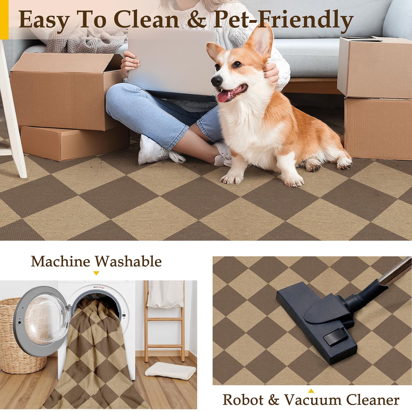 PureCozy 5x7 Checkered Easy Jute Area Rug for Living Room Checkerboard Washable Indoor Outdoor Carpet Farmhouse Patio Office Mat Geometric Non Slip Brown Carpet for Backyard Dining Room