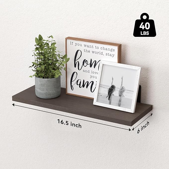 WOPITUES Wood Floating Shelves Set of 6, Shelves for Wall Decor, Farmhouse Shelf for Bedroom, Bathroom Storage Shelves, Book Shelves for Living Room, Dark Brown