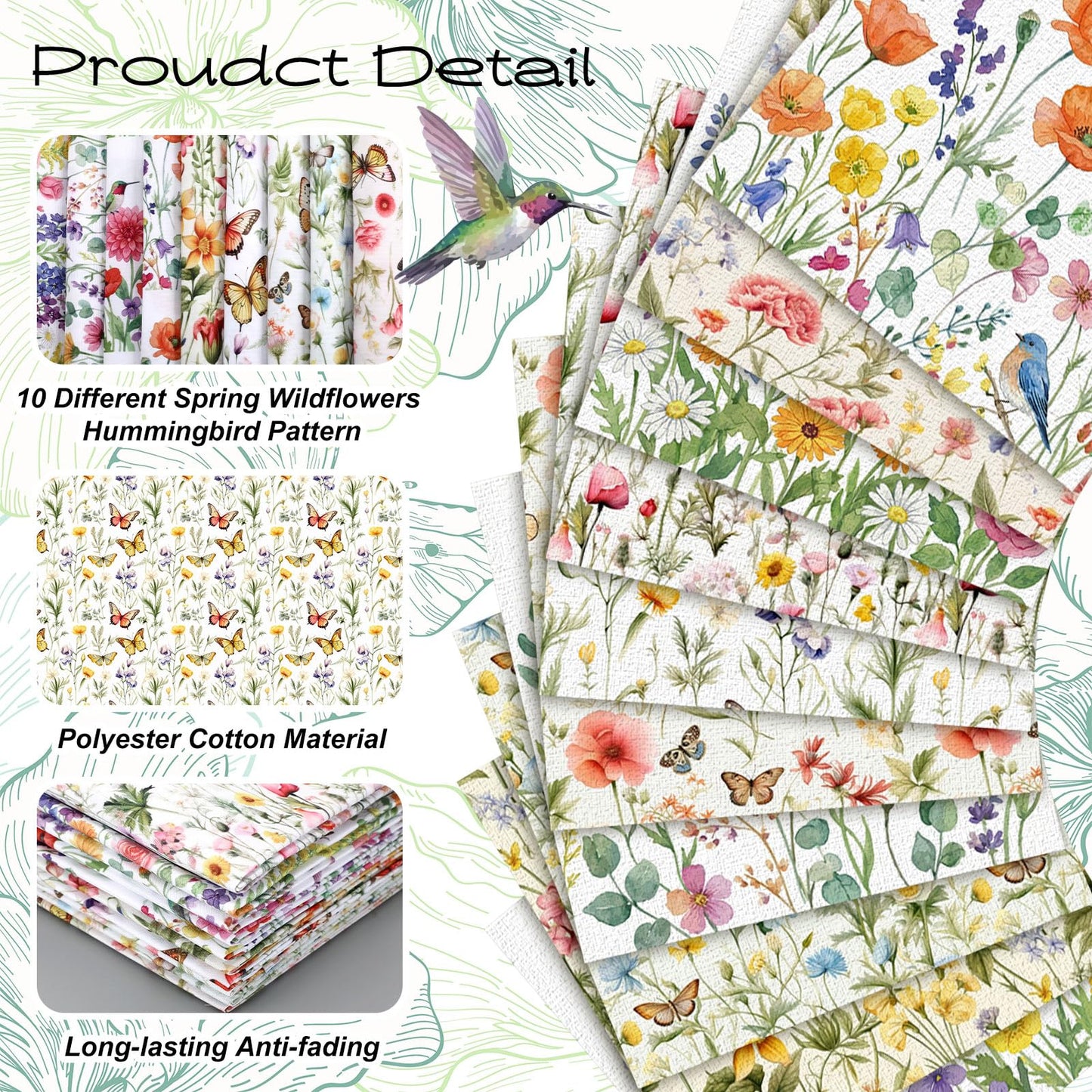 Hahafelt 10 Pcs Spring Wildflower Quilting Fabric Bundles 20 x 20 Inch Floral Hummingbird Butterfly Fat Quarters Squares Fabric by The Yard Precuts Patchwork for Summer DIY Sewing Craft Party Decor