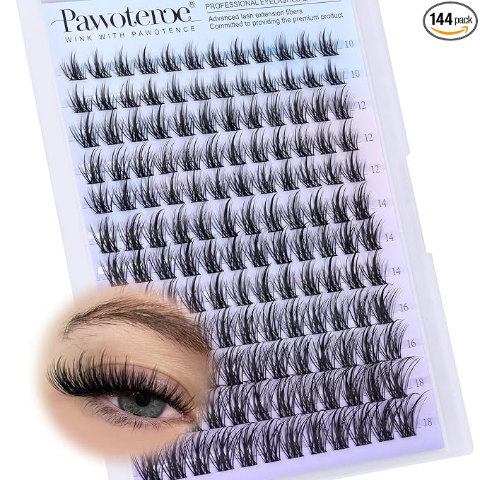 Pawotence Wispy Lash Clusters Natural Eyelash Clusters 10-18mm Fairy Lashes Cluster Eyelash Extensions 144pcs Anime Individual Cluster Lashes Wispy for DIY Lash Extension