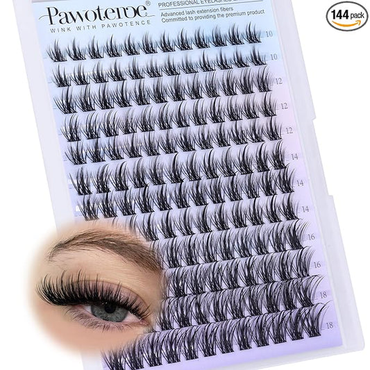 Pawotence Wispy Lash Clusters Natural Eyelash Clusters 10-18mm Fairy Lashes Cluster Eyelash Extensions 144pcs Anime Individual Cluster Lashes Wispy for DIY Lash Extension