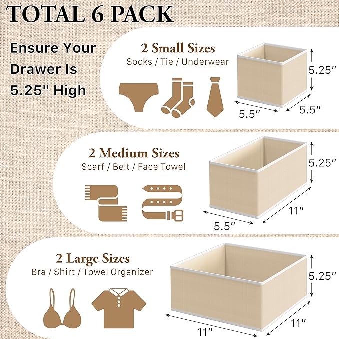 Simple Houseware Underwear Drawer Organizer for Lingerie/Undergarment/Bra/Panty/Sock/Onesie, Set of 6, Beige