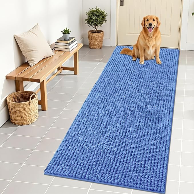 OLANLY Dog Door Mat for Muddy Paws 70x24, Ultra Absorbent Chenille Mud Doormat, Non-Slip Washable and Dirt Trapping Doormat for Indoor Entryway, Quick-Dry Indoor Pet Bed Mats for Dogs, Cornflower Blue