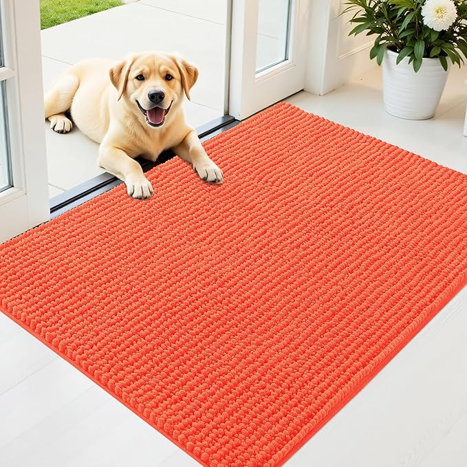 OLANLY Dog Door Mat for Muddy Paws 40x32, Ultra Absorbent Chenille Mud Doormat, Non-Slip Washable and Dirt Trapping Doormat for Indoor Entryway, Quick-Dry Indoor Pet Bed Mats for Dogs, Coral