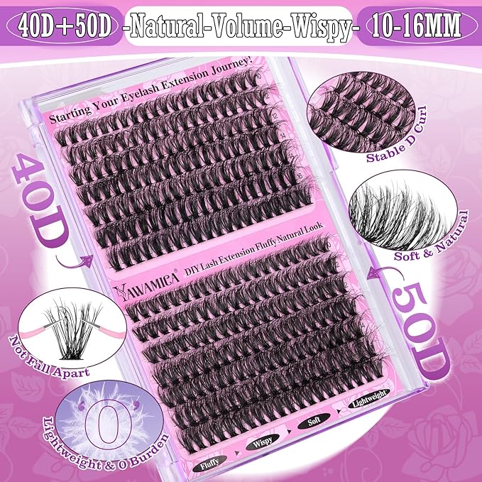 Yawamica Lash Clusters 40D+50D Fluffier Volume Individual Lashes Natural Lash Extension 10-16mm Wispy D Curly Eyelash Clusters 280pcs for DIY Lash at Home (Black)