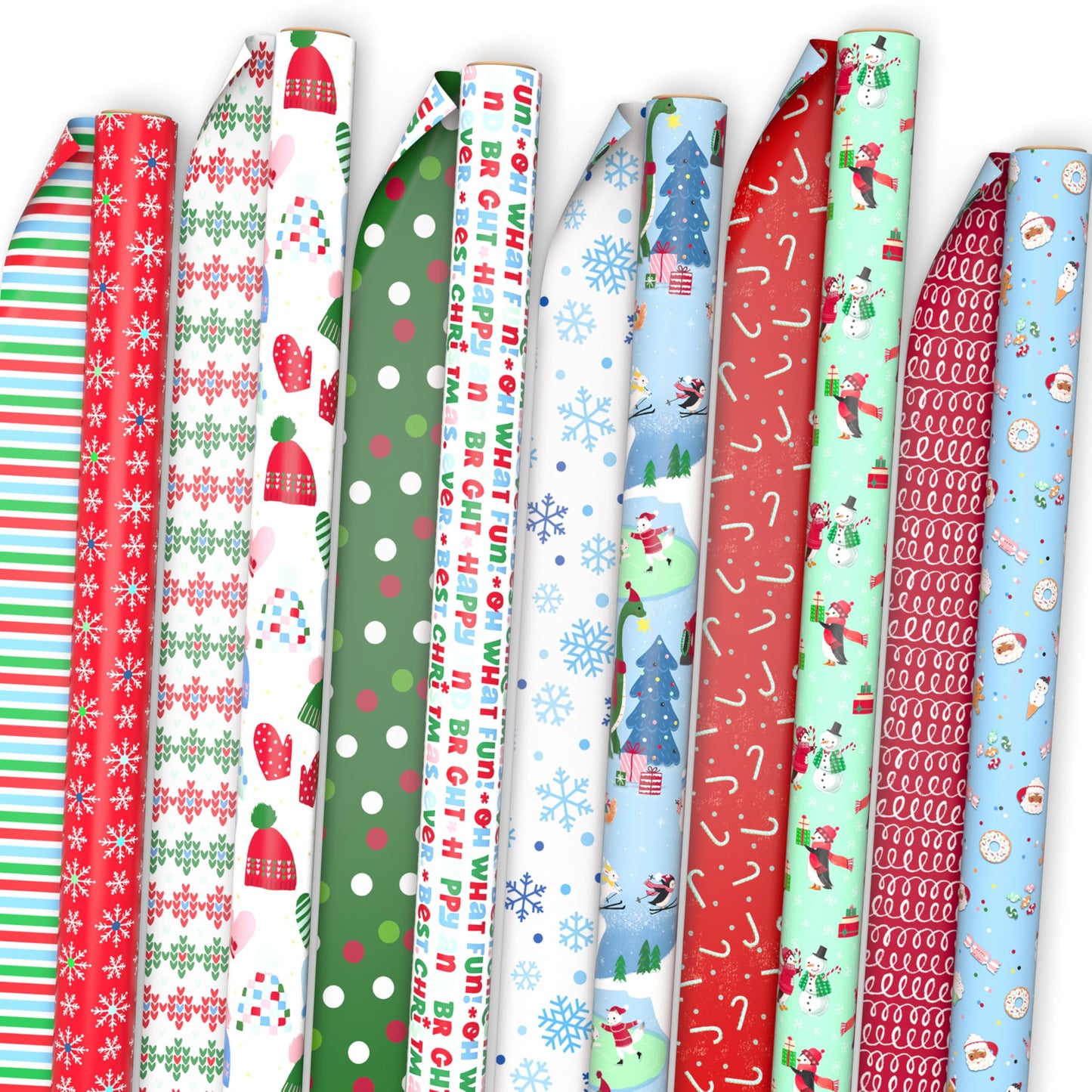 Hallmark Reversible Christmas Wrapping Paper Rolls for Kids (6 Rolls: 150 Sq. Ft. Total) Cookies, Donuts, Mittens, Penguins, Dinosaurs