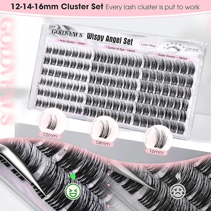 Goddvenus Wispy Natural Lash Clusters 12-14-16mm CC Curl DIY Cluster Eyelash Extensions for Clean Makeup, Individual False Eyelashes Cat Eye Lash Clusters