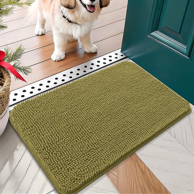 OLANLY Dog Door Mat for Muddy Paws 30x17, Absorbs Moisture and Dirt, Absorbent Non-Slip Washable Doormat, Quick Dry Chenille Mud Mat, Entry Indoor Entryway Carpet for Inside Floor, Willow Green