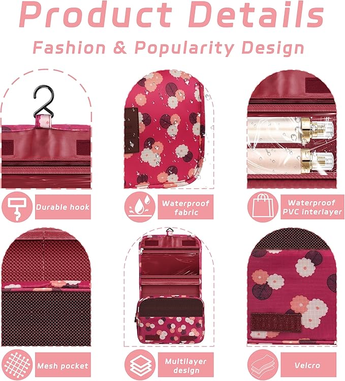 Toiletry Bag Travel Bag with Hanging Hook, Waterproof Capacity Hanging Multifunctional Makeup Bag for Toiletries, Portable Cosmetic Bag Travel Organizer for Women and Men(Wine Red FLower)