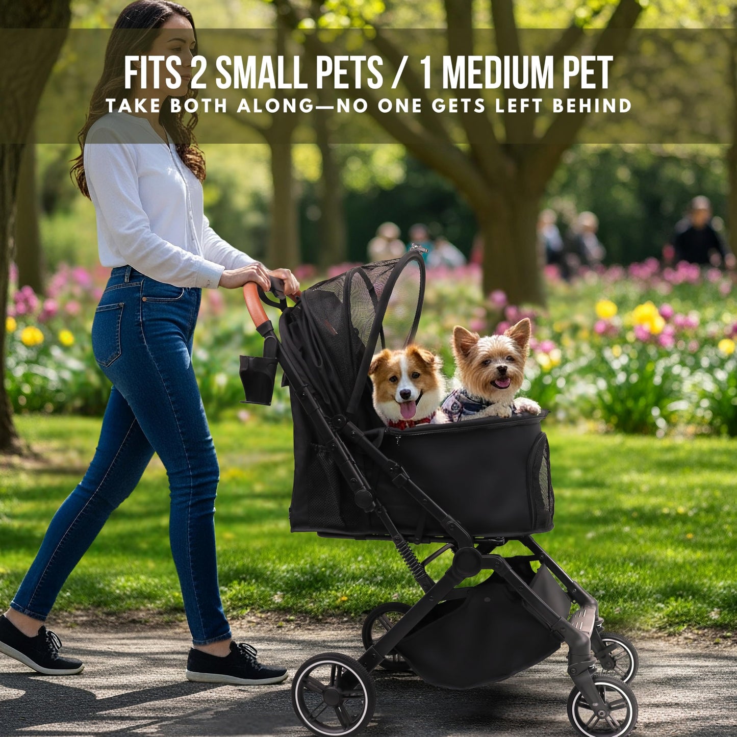 Bicystar Pet Stroller for Small Medium Dogs Cats Up to 45 lbs, Travel Lite Collapsible, All Terrain 4 Wheels for Jogging, Running, Black