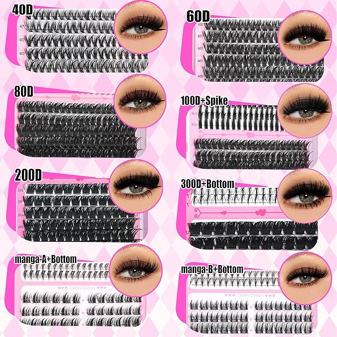 YIDUO 8 Styles Mix Lashes Clusters Kit 4 Box Cluster Lash Book Kit with Bond&Seal 1888Pcs 100D/200D/300D Volume Manga Eyelash Extension with Spikys/Bottom lash Kit for Beginners DIY at Home Easily