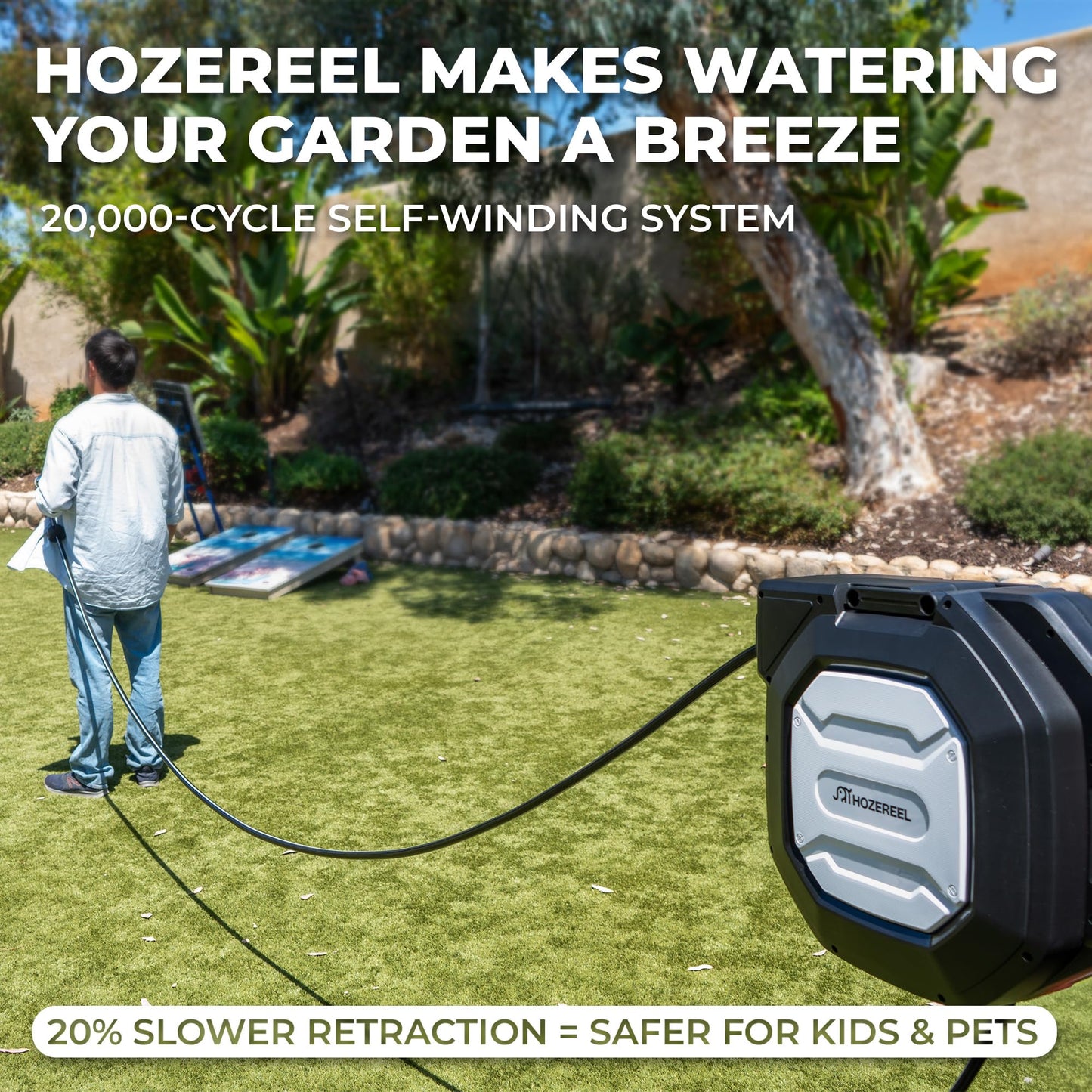 135 ft x 1/2" HOZEREEL Heavy Duty Retractable Garden Hose Reel, Garden Hose Reels Outdoor Organizer- Self Retracting Wall Mount Hose Reel Automatic Recoil Storage, Any Length Lock, 10 Pattern Nozzle