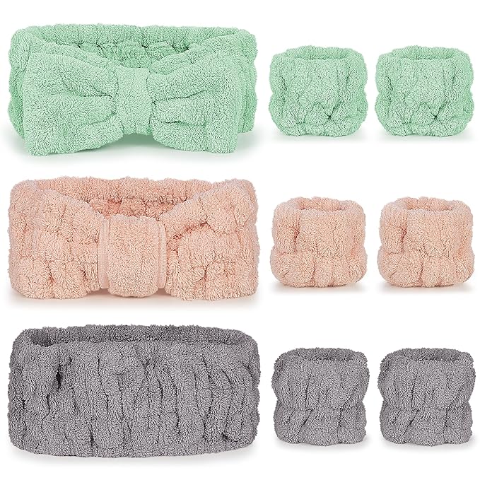 9 Pcs Spa Headband for Washing Face,Skincare Headband and Wristband Set,Women Teen Girls Facial Hairbands for Washing Face, Makeup, Sports, Yoga (orange-pink + green + dark grey)
