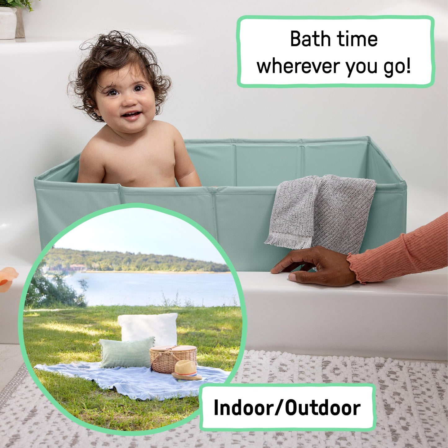 Ingenuity Tuckaway Toddler Folding Tub, Converts Shower to Tub, Folds to Store, Easy to Clean, No Assembly Required, Portable Baby Bathtub for Travel, 12M-5Y, Green