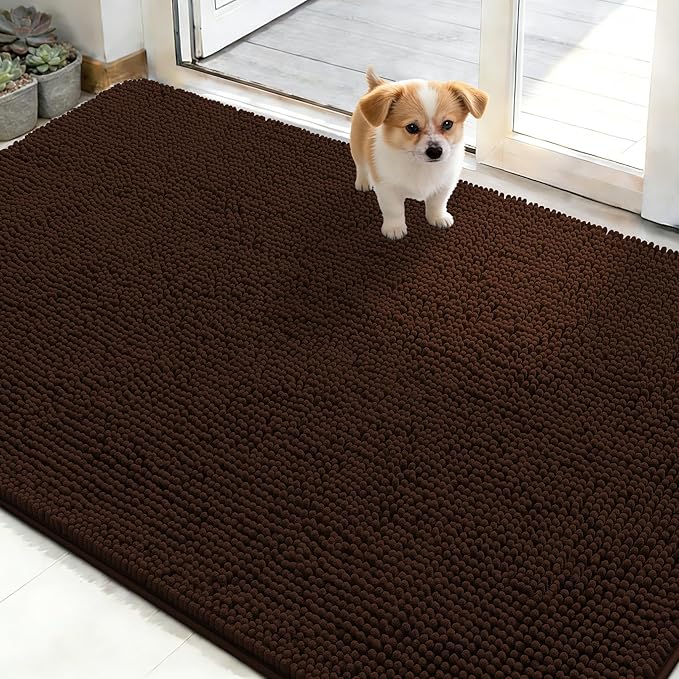 OLANLY Dog Door Mat for Muddy Paws 50x30, Absorbs Moisture and Dirt, Absorbent Non-Slip Washable Doormat, Quick Dry Chenille Mud Mat for Dogs, Entry Indoor Entryway Carpet for Inside Floor, Brown