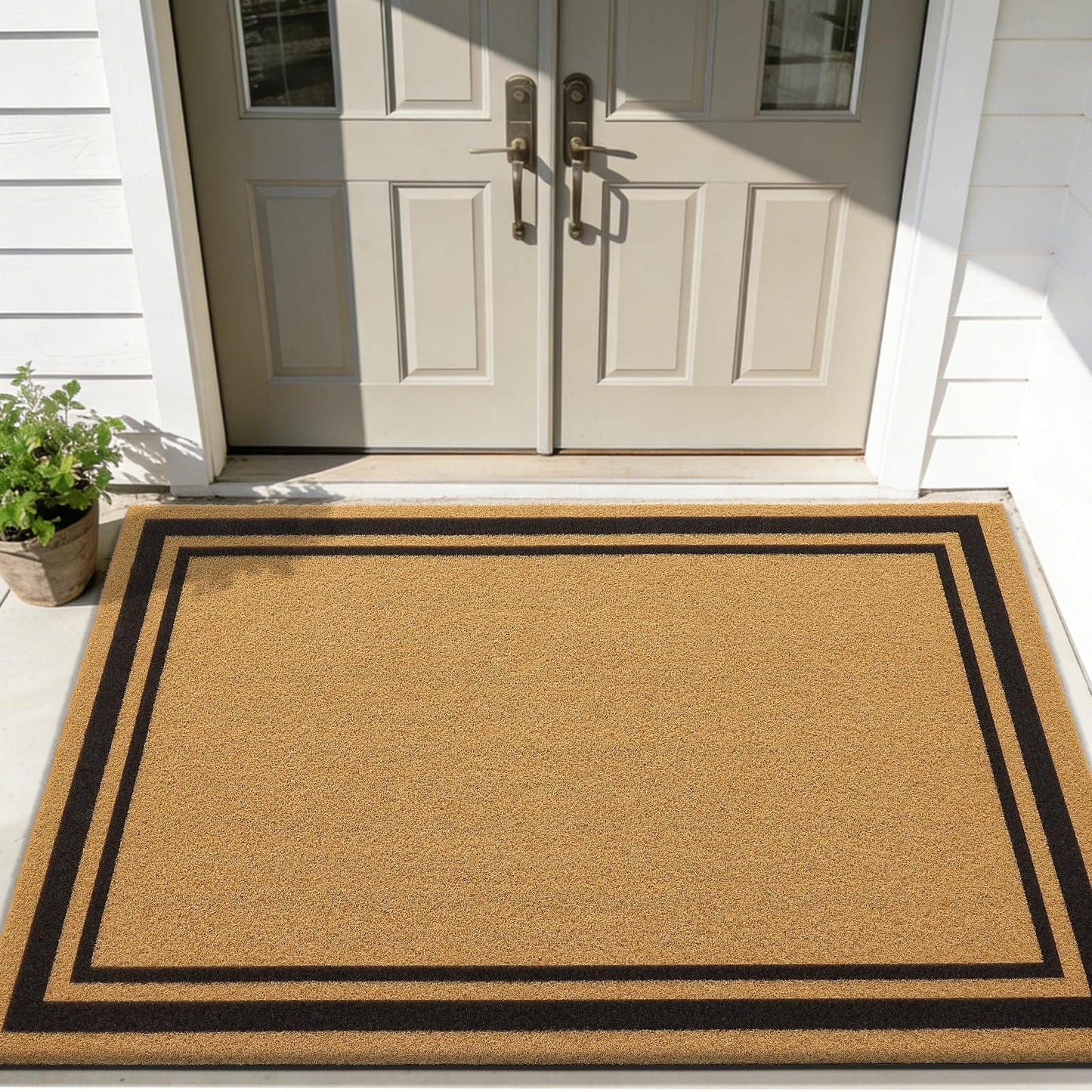 OLANLY Front Door Mat, Low Profile Doormat, Stain and Fade Resistant, Easy to Clean, for Indoor and Outdoor Entrances, Patio Porch or Entryway, Brown (59x34 Inch, Classic Border)