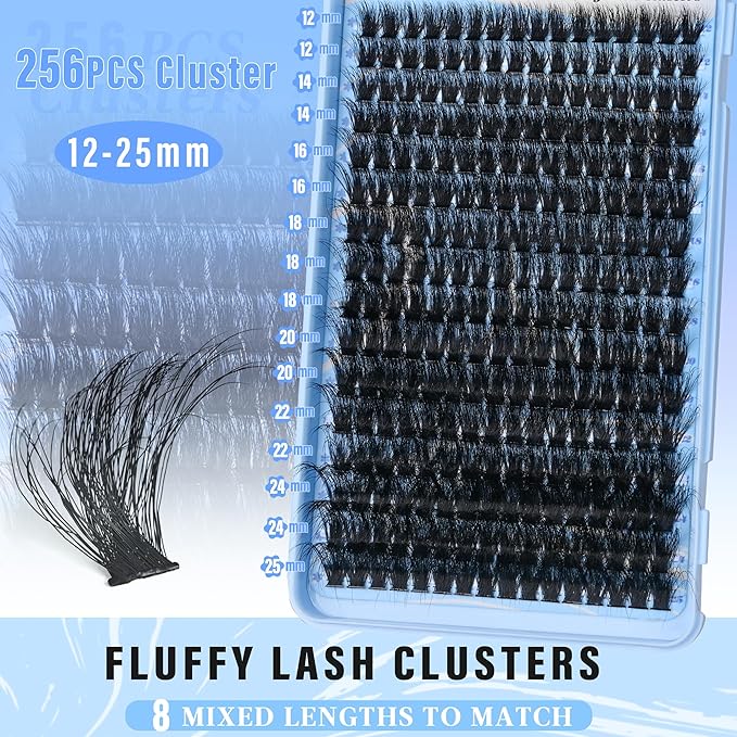 Lash Clusters 140D Thick Eyelash Clusters 12-25mm Wispy Individual Mega Volume Lashes D Curl Long Cluster Eyelash Extensions 256Pcs DIY Lash Extension at Home, by Yaiseiko(Plant Fiber)