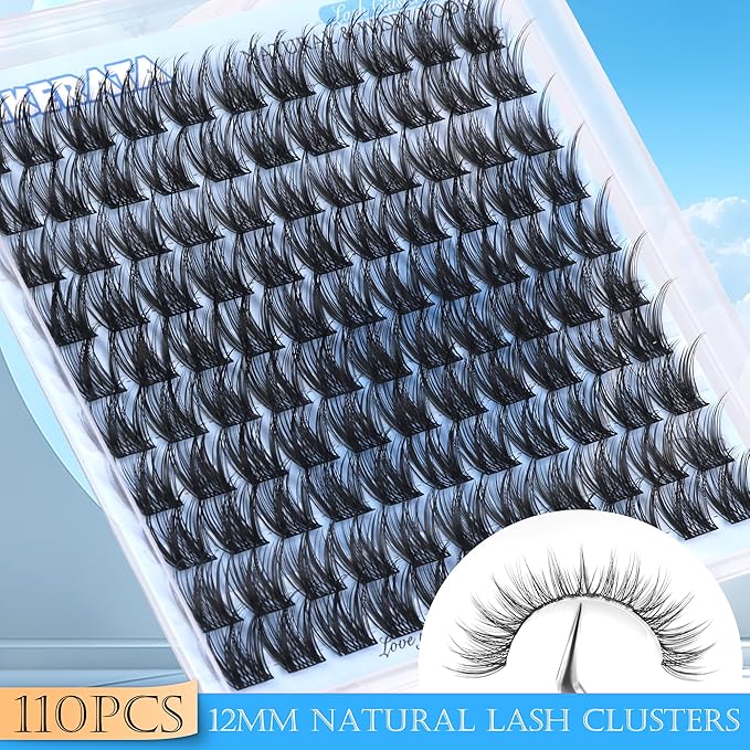 PHKERATA 12mm Wispy Lash Clusters Natural Cluster Eyelash Extensions DIY Individual Lashes C Curvature Eyelash Clusters for Daily Wear with Soft Lash Band