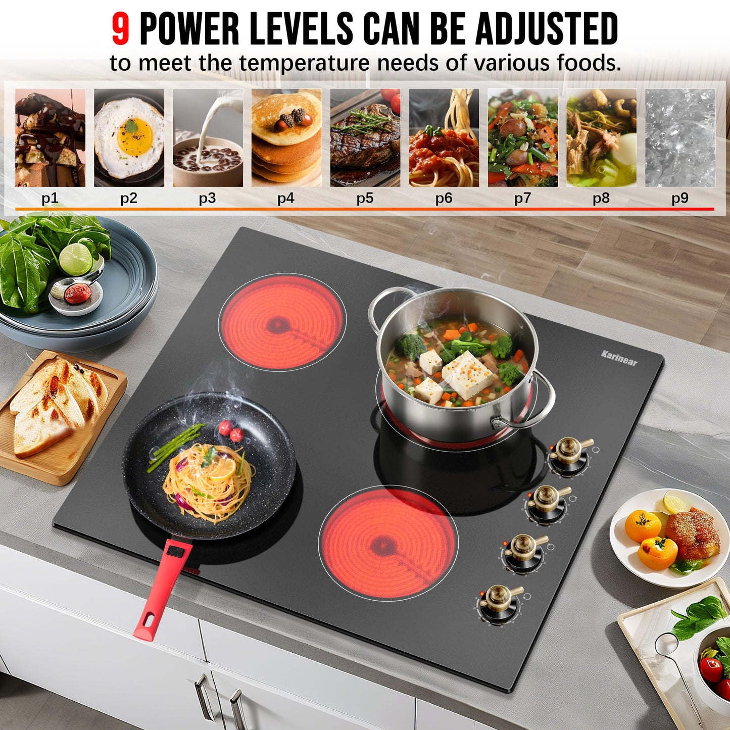 Karinear 24 Inch Electric Cooktop 4 Burners Electric Stove, Knob Control,6000W, Built-in Radiant Hob,Residual Heat Indicator, Overheat Protection,Hardwired 220V Radiant Ceramic Stove(Gold Knob)