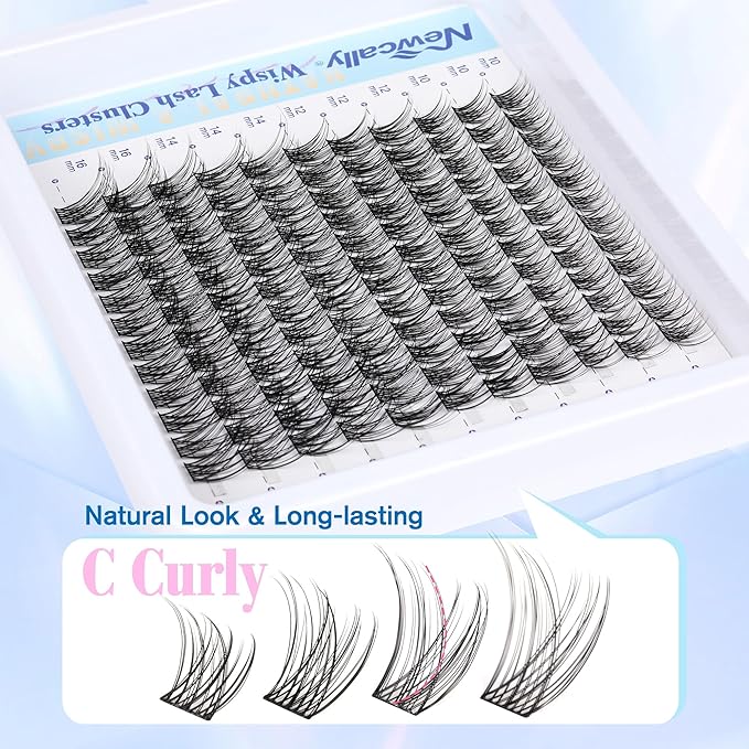 Cluster Eyelash Extensions Kit Lash Clusters Kit Natural Wispy Individual Lashes Kit C-curly DIY Lash Extension Kit 10-16MM Eyelash Clusters Kit with Lash Remover by Newcally
