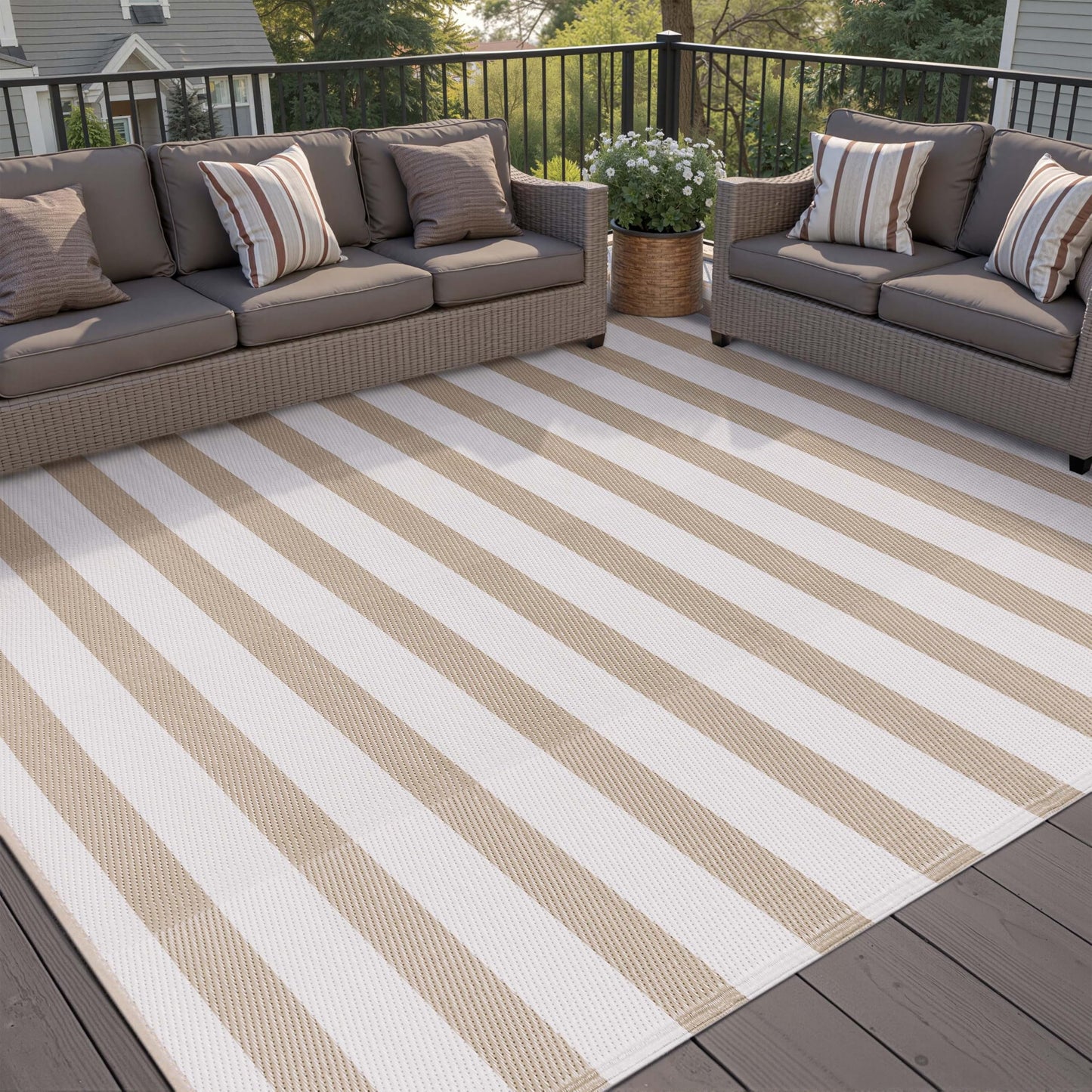 PureCozy Outdoor Waterproof Patio Rug 9x12 Plastic Straw Reversible Lightweight Outside Beige Striped Large Carpet Outdoor for Camping RV Porch Deck Balcony Beach