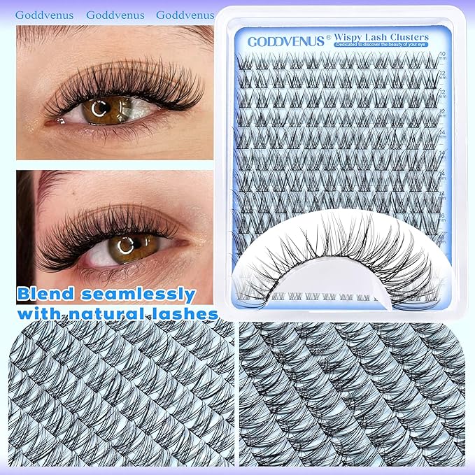 Goddvenus Wispy Lash Clusters 10-16mm Lashes Clusters Eyelash Extensions Natural Individual Lashes 144pcs D Curl Lash Extension DIY Soft Comfortable Eyelash Clusters with Cotton Band