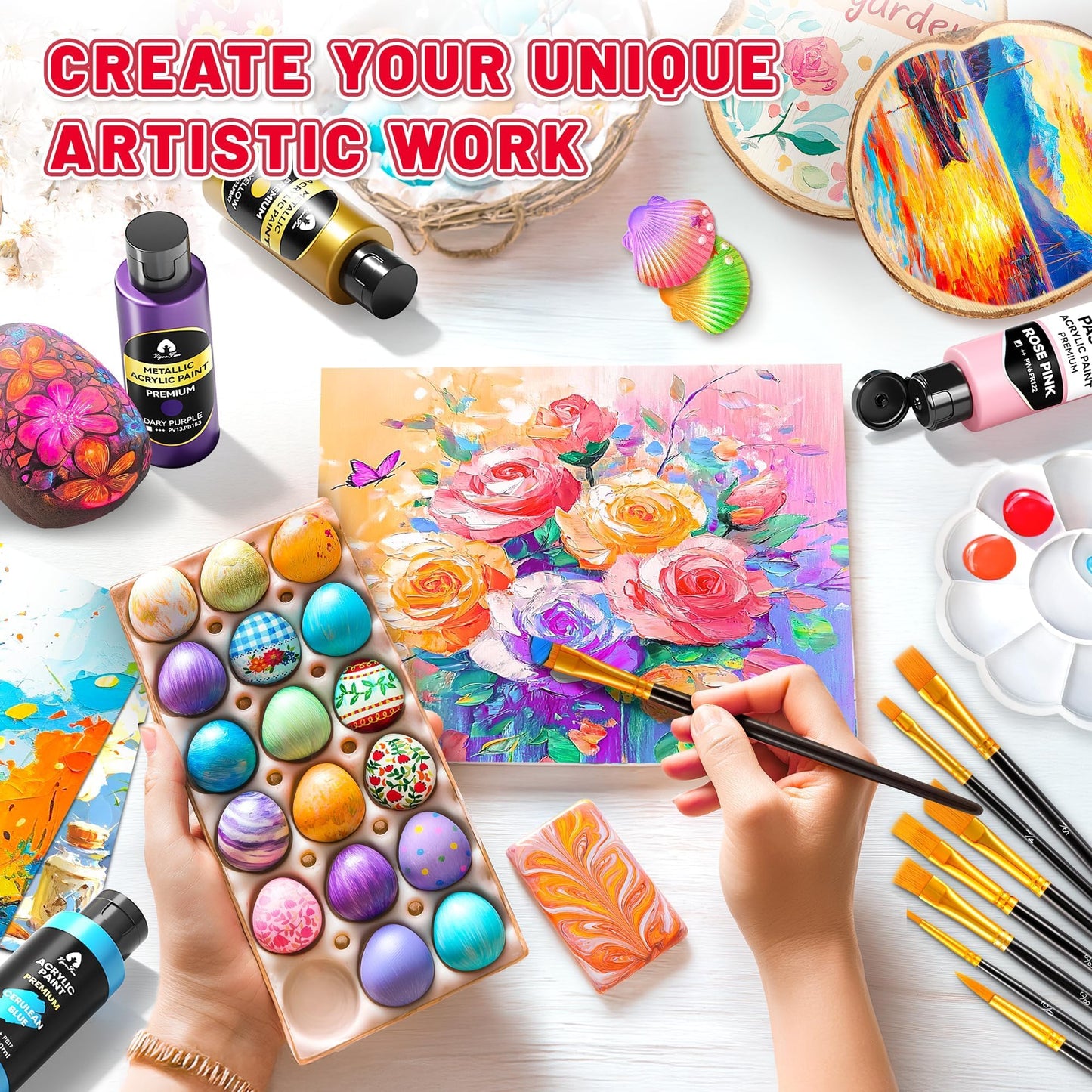 52 Pcs Classic & Metallic & Pastel Acrylic Paint Set with 12 Brushes, 2 Knives & Palette, 36 Colors (2oz/60ml) - for Adults, Kids, Artists & Beginners - Arts and Crafts Painting Kit