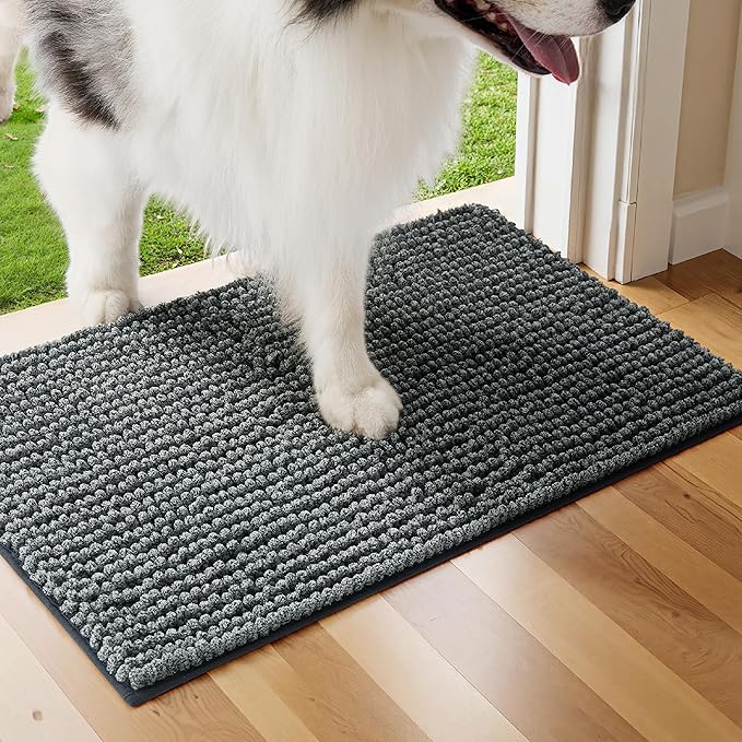 Bedsure Dog Door Mat for Muddy Paws, High-Low Absorbent Chenille Indoor Entrance Mud Dirt Trapper Soak-Stopper, Machine Washable Non-Slip Entryway Rug for Pets, 24"x16" Grey