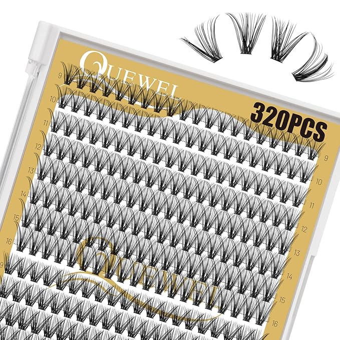 QUEWEL Lash Clusters 320Pcs Cluster Lashes 30D+40D D Curl Lash Cluster Eyelash Extensions Mix9-16mm Individual Eyelashes Clusters Wispy Lash Clusters Thin Band Soft to Use at Home(30D+40D D Mix9-16)
