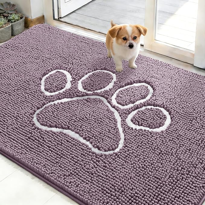 OLANLY Dog Door Mat for Muddy Paws 48x30, Paw Print Design, Absorbs Moisture and Dirt, Absorbent Non-Slip Washable Doormat, Quick Dry Chenille Mud Mat, Entry Indoor Entryway Carpet, Deep Plum