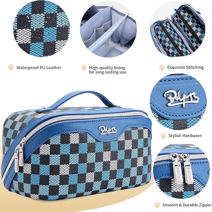 BOYATU Travel Makeup Bag Organizer Cosmetic Bag: 3 Pcs Set Make up Bags for Women with Handle - Waterproof Vegan Leather Toiletry Bag (01-H-Blue)
