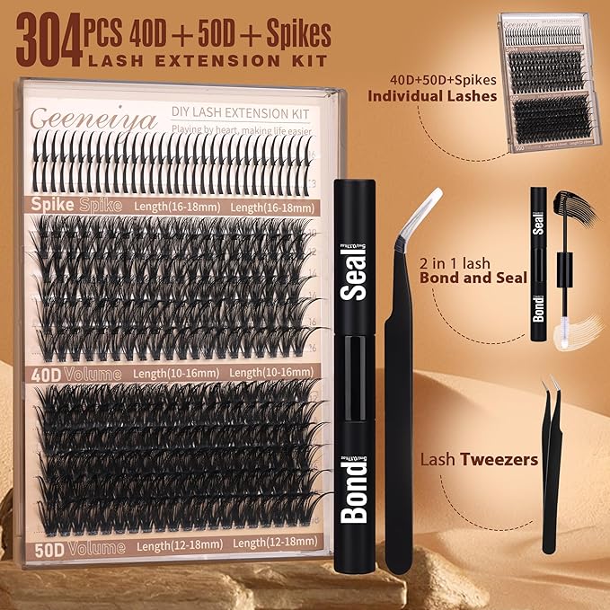 Geeneiya Volume Lash Clusters Kit with 16-18MM Spikes Eyelash Clusters 10-18MM DIY Lash Extension Kit D Cluster Eyelash Extensions Individual Lashes with Lash Bond and Seal, Tweezers for Beginners