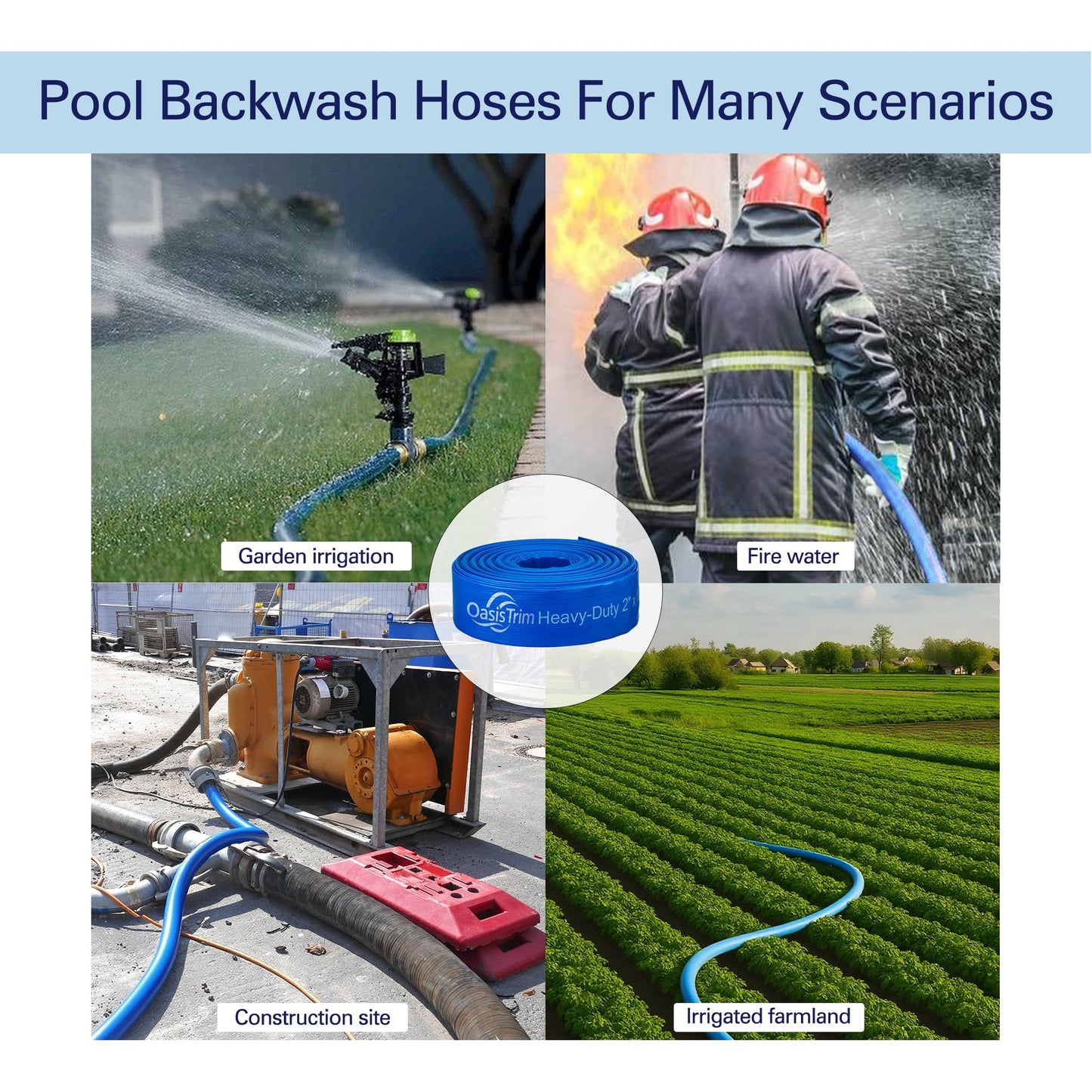 OasisTrim 2" x 100FT Pool Backwash Hose, Heavy-Duty Pool Hose, Lay Flat Discharge Hose, Durable Burst Resistant, Pool Filter Pump Water Drainage, Sump Pump Discharge, with 2 Clamps