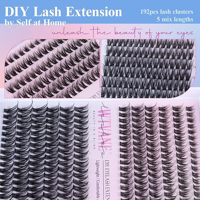 Fairy Lash Clusters Kit Wispy Eyelash Clusters DIY 8-16mm Manga Lash Clusters Eyelash Extension Kit 192pcs Individual Lashes Natural Lash Extension Kit with Lash Bond and Seal, Lash Tweezers by Wtvane