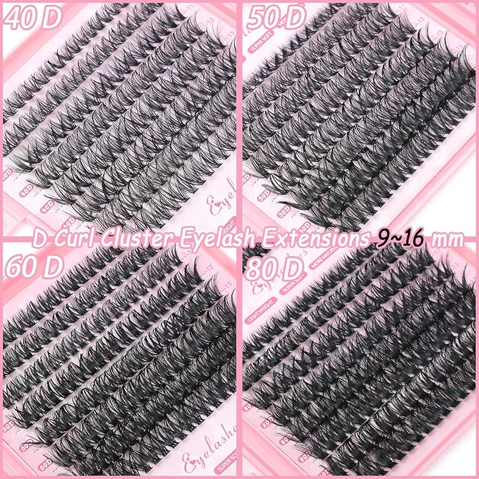 Manga Lash Clusters, 640 Pcs Eyelashes Clusters Extensions 9-16mm Individual Lashes D Curl Fluffy Wispy False Eyelashes Thin Band (40D&50D&60D&80D)