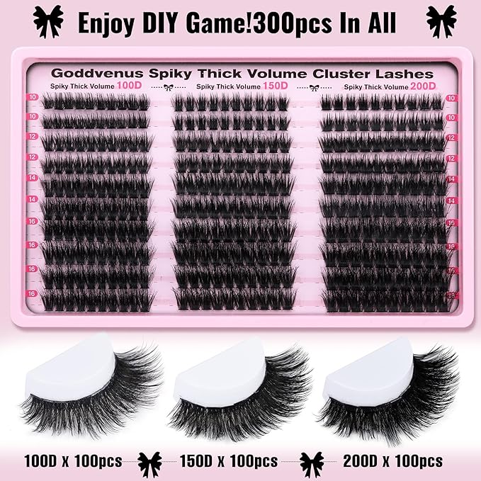 Goddvenus Fluffy Lash Clusters 100-150-200D Volume Eyelash Clusters 10-16mm Wispy Individual Lashes D Curl Cluster Eyelash Extensions 300pcs DIY Lash Extensions(D Curl 300pcs)
