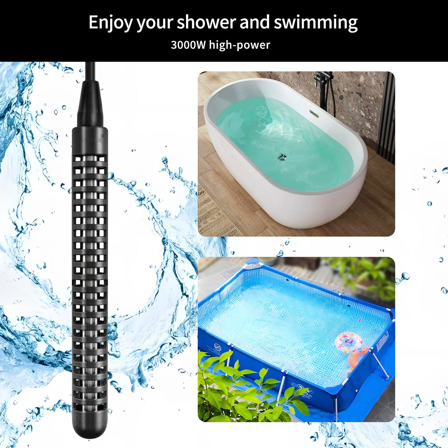GRILLME 240V 3000W Immersion Bathtub and Swimming Pool Water Heater,Fully Submersible Portable Electric Heater,30 Galons Bathtub Heater,200 Galons Swimming Pool Heater,NEMA 6-15P Plug,100% Waterproof