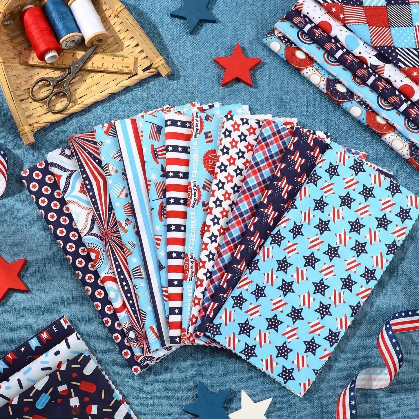 Ganeen 60 Pcs 10 x 10 Inch Red White Blue Quilting Fabric Squares 4th of July Fabric Bundle Patriotic American Flag USA Fat Patchwork Precut Strips for Memorial Day Handmade Material Sewing DIY Craft