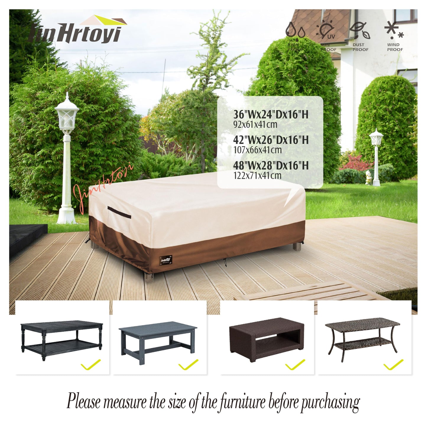 JinHrtoyi Patio Coffee Table Cover,36Wx24Dx16H Inches 100% Waterproof Heavy Duty Outdoor Rectangular Side Table Cover,Beige&Brown Modern Style Outdoor Furniture Covers
